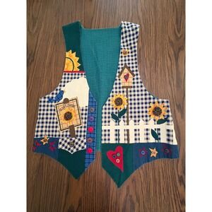 Handmade Women Patchwork Vest Folk Art Sunflower Gingham Blue White L-X 90s EUCL
